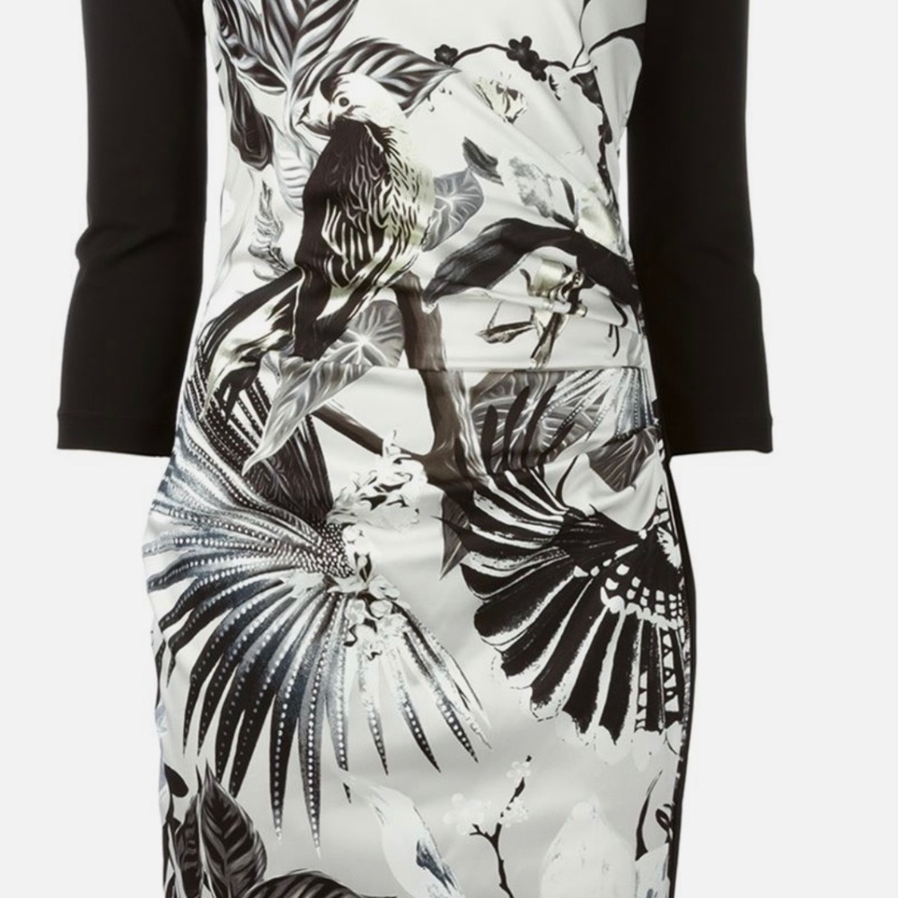 Roberto Cavalli Black & White Silk Front Bird Print Dress